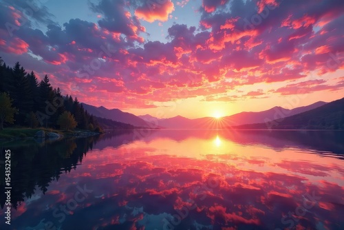 A breathtaking sunrise paints the sky with vibrant hues of pink, orange, and gold, reflecting beautifully on a calm, still lake The scene is serene and utterly captivating , environment, amazing