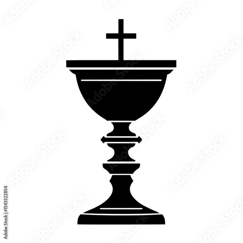 Minimalist black silhouette of papal communion paten with ornate design on white background