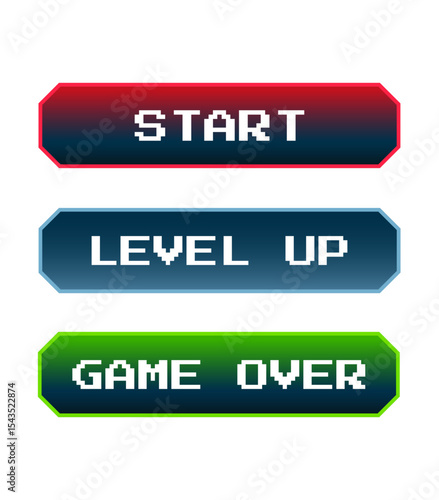 Retro pixel art gaming buttons set with Start, Level Up, and Game Over text in vibrant red, blue, and green colors.
