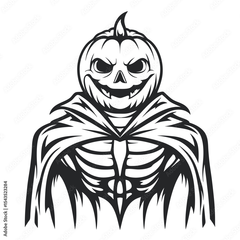 Fototapeta premium Pumpkin Head Skeleton: Black and White Halloween Character Illustration. Carved Pumpkin Face with Spooky Skeleton Body and Cape Graphic Design. 