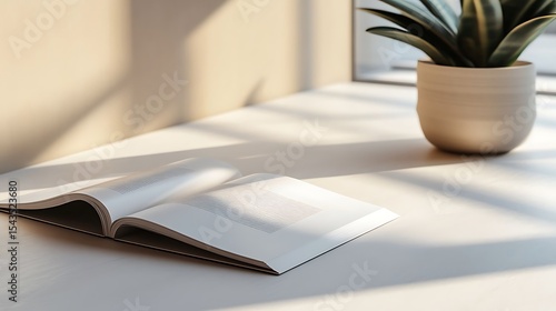 Blank open book resting on a white surface bathed in strong directional window light and shadows.