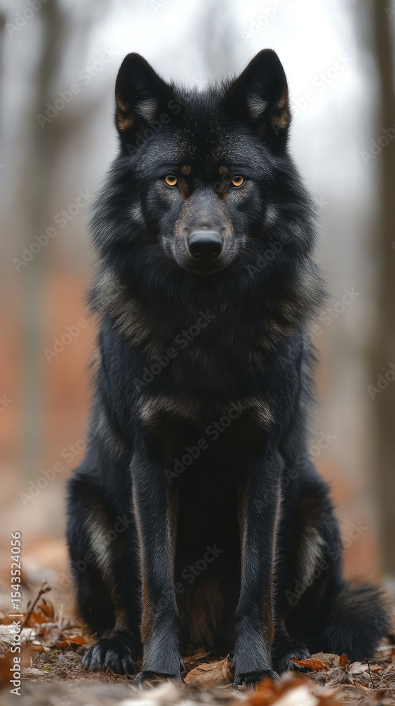 Naklejka premium Black wolf, intense gaze, forest setting