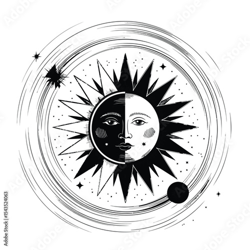 Sun and moon concept vector illustrating day-night duality in black and white