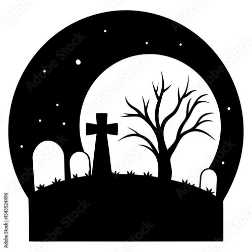 Graveyard under full moon silhouette