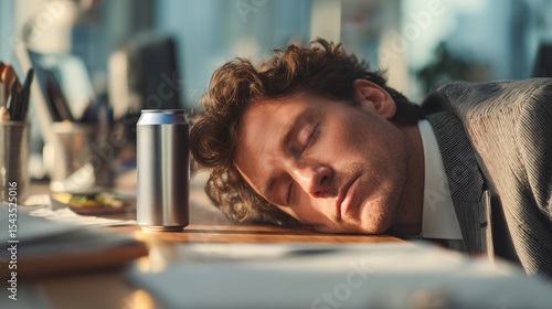 Exhausted businessman sleeping on desk next to energy drink can in modern office. Can mockup, workplace fatigue, burnout, and caffeine dependence