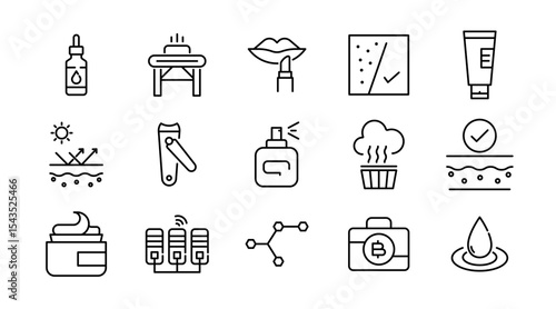 Care Products linear icon set. Personal care products, dermatology, collagen, cream, sunscreen, hair care, lip, cosmetic, product, facial, salon, clean outline vector icon set. UI thin line icon pack.