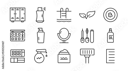 Care Products linear icon set. Personal care products, dermatology, collagen, cream, sunscreen, hair care, lip, cosmetic, product, facial, salon, clean outline vector icon set. UI thin line icon pack.