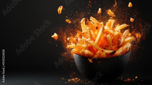 A sensational capture of French fries bursting out of a bowl, conveying the idea of indulgence, taste, and the joy that comes with enjoying comfort food.