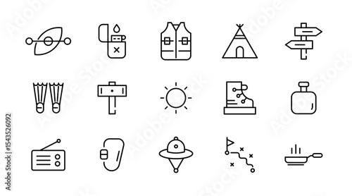 Camping linear icon set. Adventure, tourism, hiking, bonfire, backpack, tent, travel, landscape, climbing, kayak, map, camp, forest, outdoor websites outline vector icon set. UI thin line icon pack.