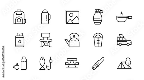 Camping linear icon set. Adventure, tourism, hiking, bonfire, backpack, tent, travel, landscape, climbing, kayak, map, camp, forest, outdoor websites outline vector icon set. UI thin line icon pack.