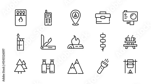 Camping linear icon set. Adventure, tourism, hiking, bonfire, backpack, tent, travel, landscape, climbing, kayak, map, camp, forest, outdoor websites outline vector icon set. UI thin line icon pack.
