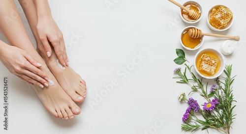 A skin-friendly cream containing honey is applied to the feet. There are creams, honey, and flowers placed around it.