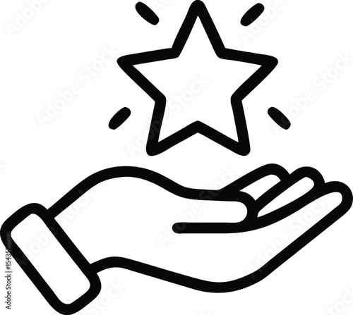 Hand Holding Star Icon: Outlined Black and White Graphic Depicting an Open Hand Presenting a Glowing Star, Ideal for Awards, Appreciation, and Positive Feedback Concepts