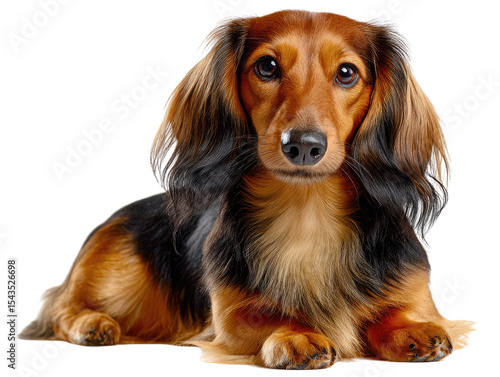 Dachshund's Serene Pose: A charming, long-haired Dachshund exudes warmth and contentment. Its expressive eyes and relaxed posture convey the joy of companionship. 