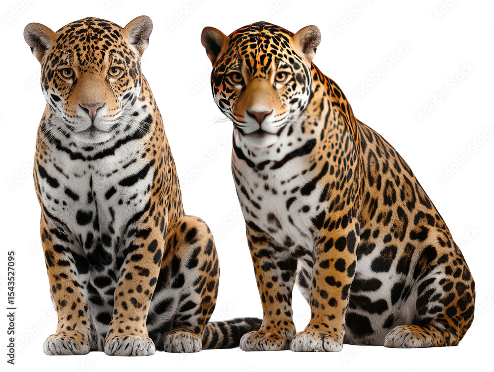 Obraz premium Majestic Pair: Two magnificent jaguars, with striking spotted coats and piercing eyes, pose against a backdrop of the scene. Capturing the essence of the wild beauty