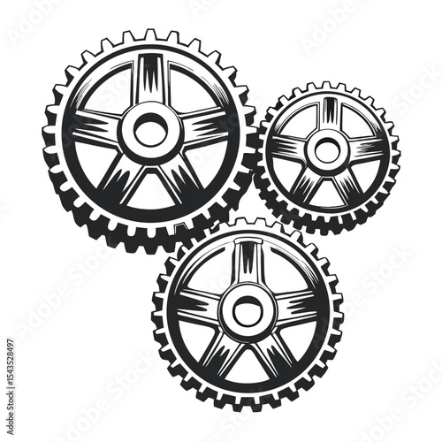 Illustration of Three Interlocking Gears: A Detailed Black and White Vector Image Depicting Precision and Mechanical Functionality on White Background.