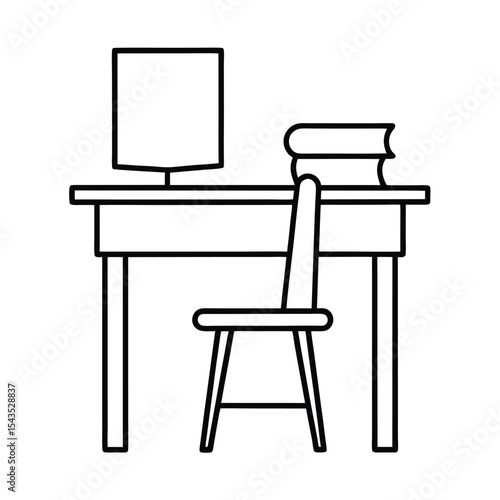 Simple minimalist office workspace illustration featuring desk computer books and a chair in outline style