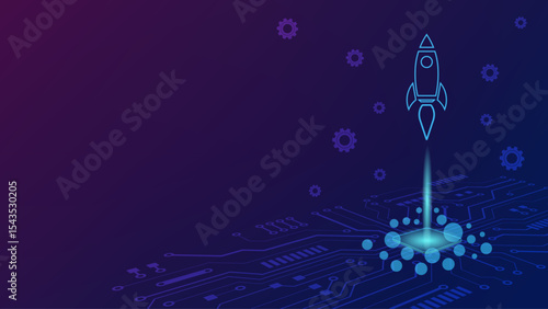 Digital futuristic space with blue rocket launch