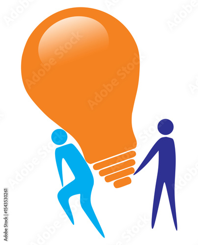 Flat vector illustration design concept of business processes and business teams working together to lift a light as a symbol of success and company achievement. Collaboration and teamwork.