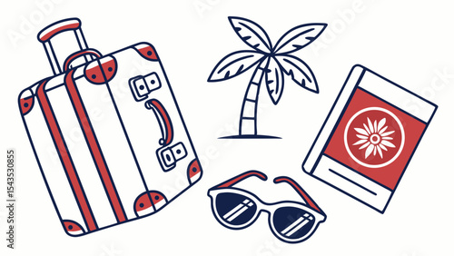 A vibrant vector illustration set of summer vacation travel icons and symbols for a beach holiday poster design