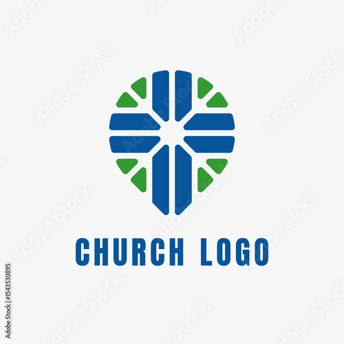 Pin logo with cross and church mosaic design

