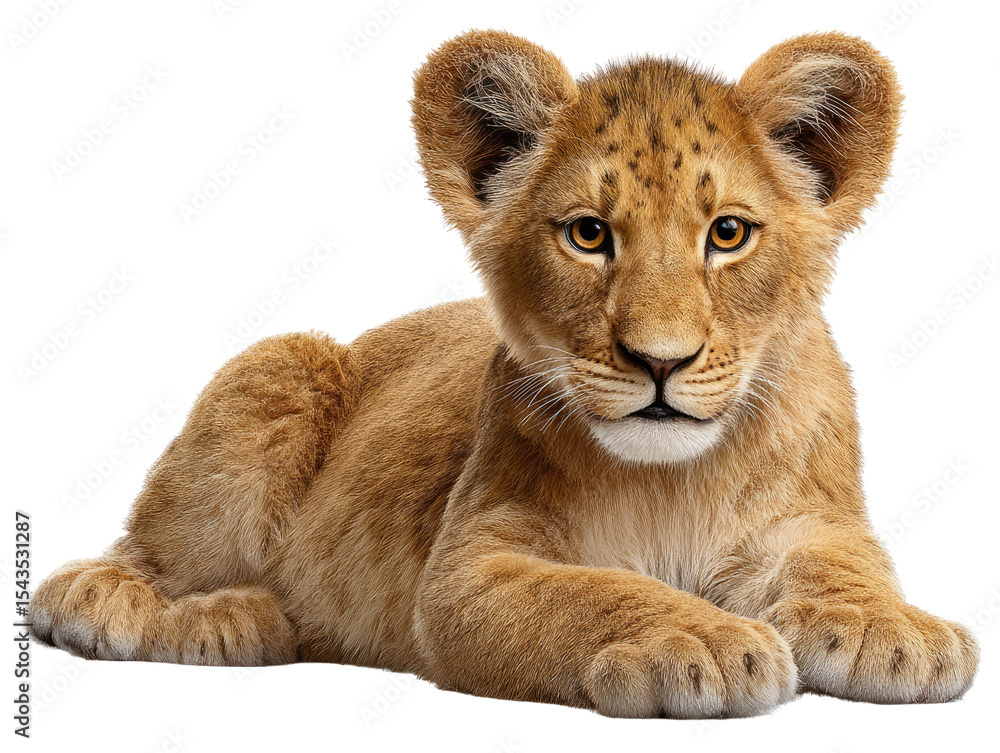 Obraz premium Playful Lion Cub: A close-up of a charming lion cub, resting comfortably with an endearing gaze, showcasing its soft fur and playful nature.