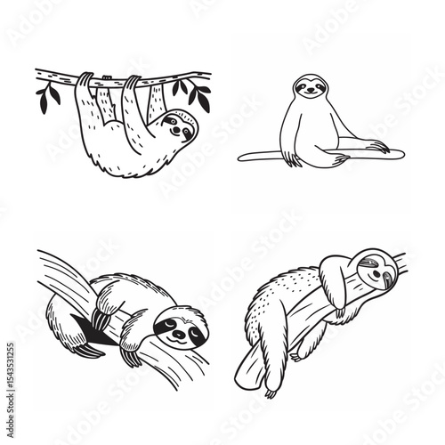 line art of sloth  bundle on the white background