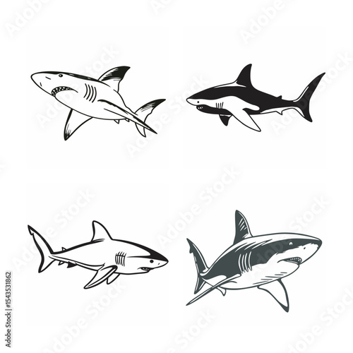 line art of animal shark bundle on the white background
