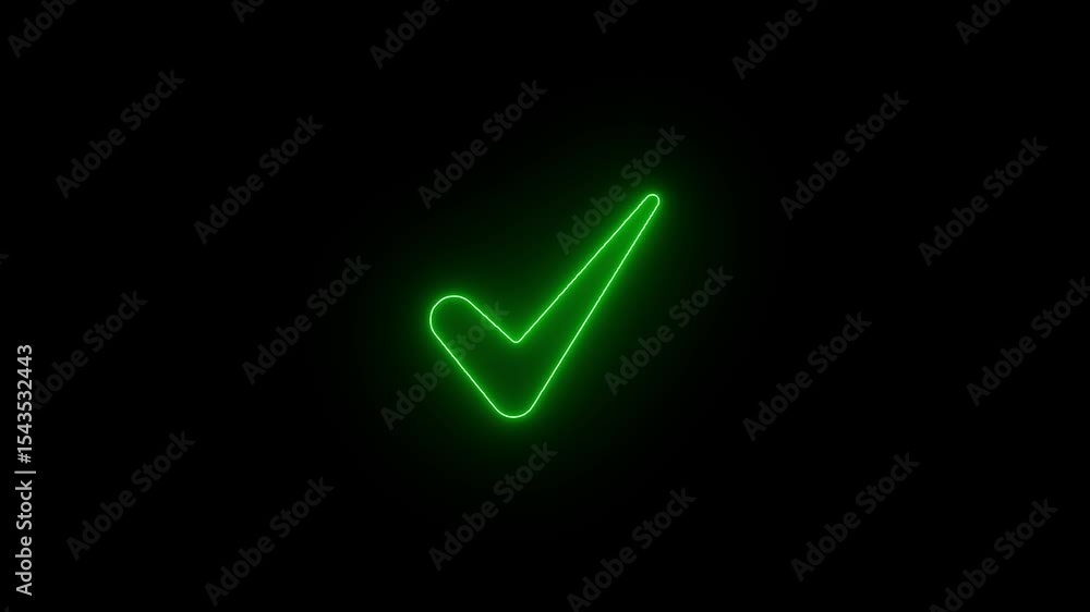 Glowing neon green checkmark animation over black background confirming approval and success Glowing neon green checkmark animation over black background confirming approval and success