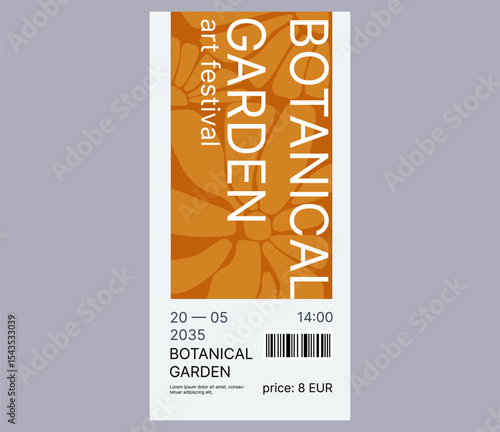 Modern ticket template design. Ticket for art festival, exhibition, concert. Design with abstract flower background. Soft pastel colors.