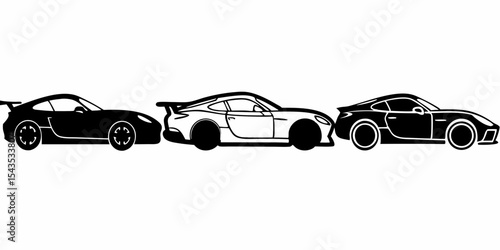 Set of Three Sports Car Silhouettes: GT Style Vehicles in Black and White