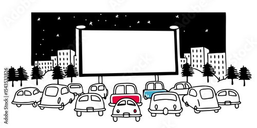 Hand-Drawn Drive-In Movie Theater Scene at Night with Blank Screen and Cars