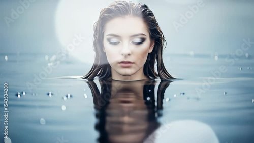 Young woman emerging from water with her face reflected below, serene and contemplative, natural beauty concept footage.