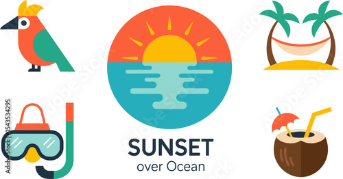 Sunset over ocean poster with diving mask tote bag and beach bird for minimalist travel themed layout  