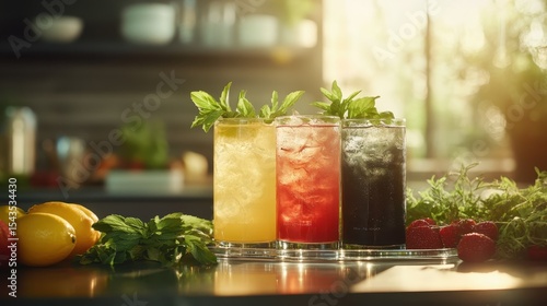 A vibrant array of refreshing drinks garnished with mint, displayed artistically to invoke feelings of freshness, summer, and healthy living.