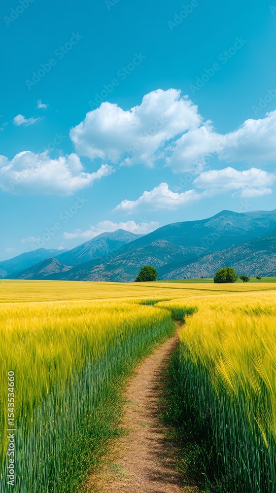 Fototapeta premium Vibrant golden field under a clear blue sky.