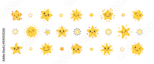Cute Star Icons Vector Big Set. Cartoon Yellow Little Stars Collection for Holiday or Birthday Party Design. Kawaii Characters for Kids