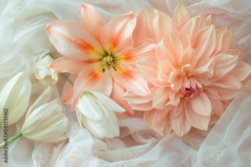 Delicate arrangement of pastel-colored flowers on sheer fabric.