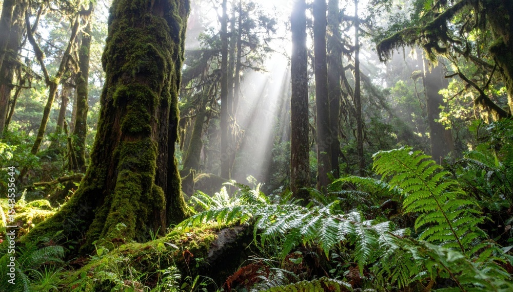 Fototapeta premium Sunlight Streams Through Lush Rainforest Trees