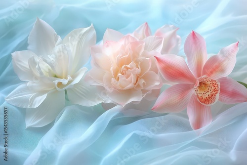 Delicate pastel flowers on sheer fabric.