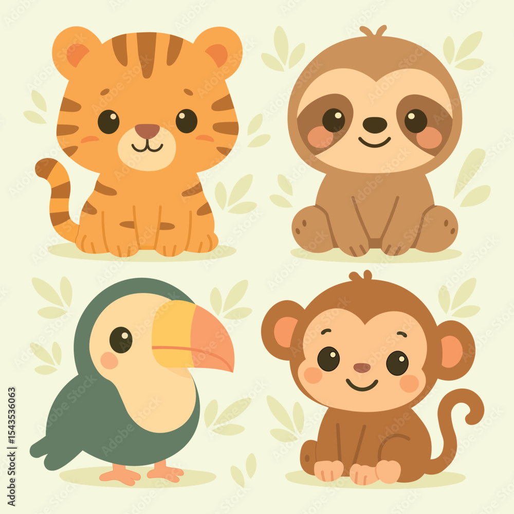 Fototapeta premium Cute Safari Animals Vector Set, Jungle Friends in Kawaii Style