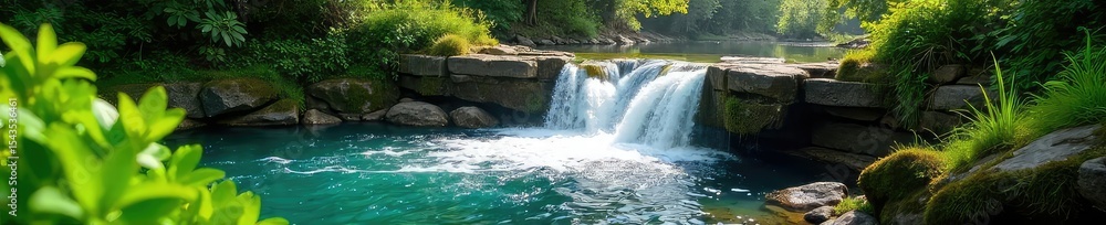 Fototapeta premium Cascading spring waterfall, vibrant green foliage, sunlight dappling the water Perfect for nature, travel, and environmental themes Stunning natural beauty in full bloom , peace, woods