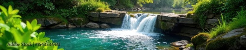 Cascading spring waterfall, vibrant green foliage, sunlight dappling the water Perfect for nature, travel, and environmental themes Stunning natural beauty in full bloom , peace, woods