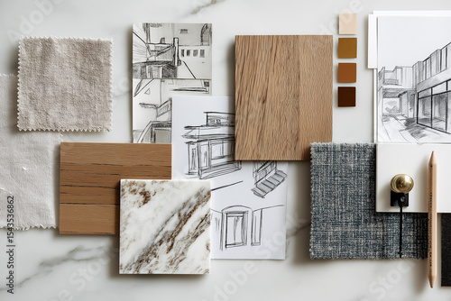 Top-view interior moodboard with textures, sketches, and design samples. A clean and modern composition ideal for architectural, furniture, or home decor stock use.