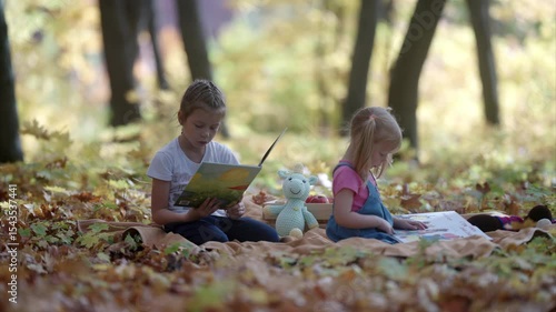 Two joyful children are happily enjoying storytime while being surrounded by vibrant and colorful autumn leaves