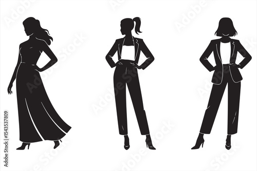 Elegant women silhouette set in diverse dress styles, hat accessories, and confident fashion poses