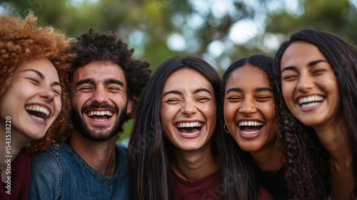 Group of friends from different ethnicities laughing outdoors Close-up