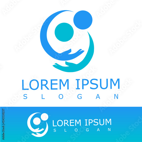 Abstract blue logo featuring two human figures and hands forming a circular embrace, symbolizing care, unity, and support. Ideal for health, community, or charity organizations