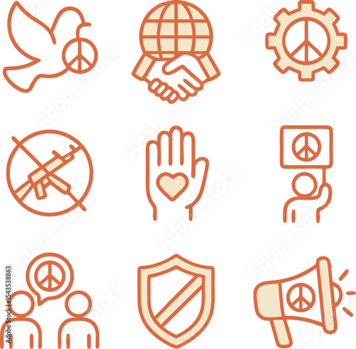 Peace and Anti-War Line Art Icon Set - Vector Illustrations for Activism, Diplomacy, and Global Unity