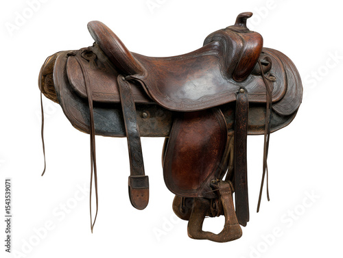 Antique western leather saddle isolated on transparent background